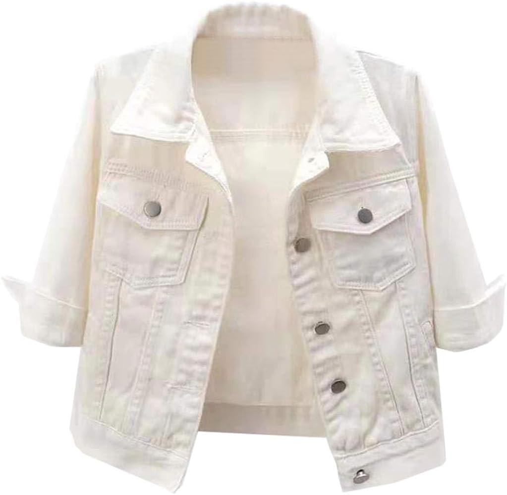 LifeShe Women's 3/4 Sleeve Short Denim Jacket Light Cropped Jean Jackets Coats | Amazon (US)