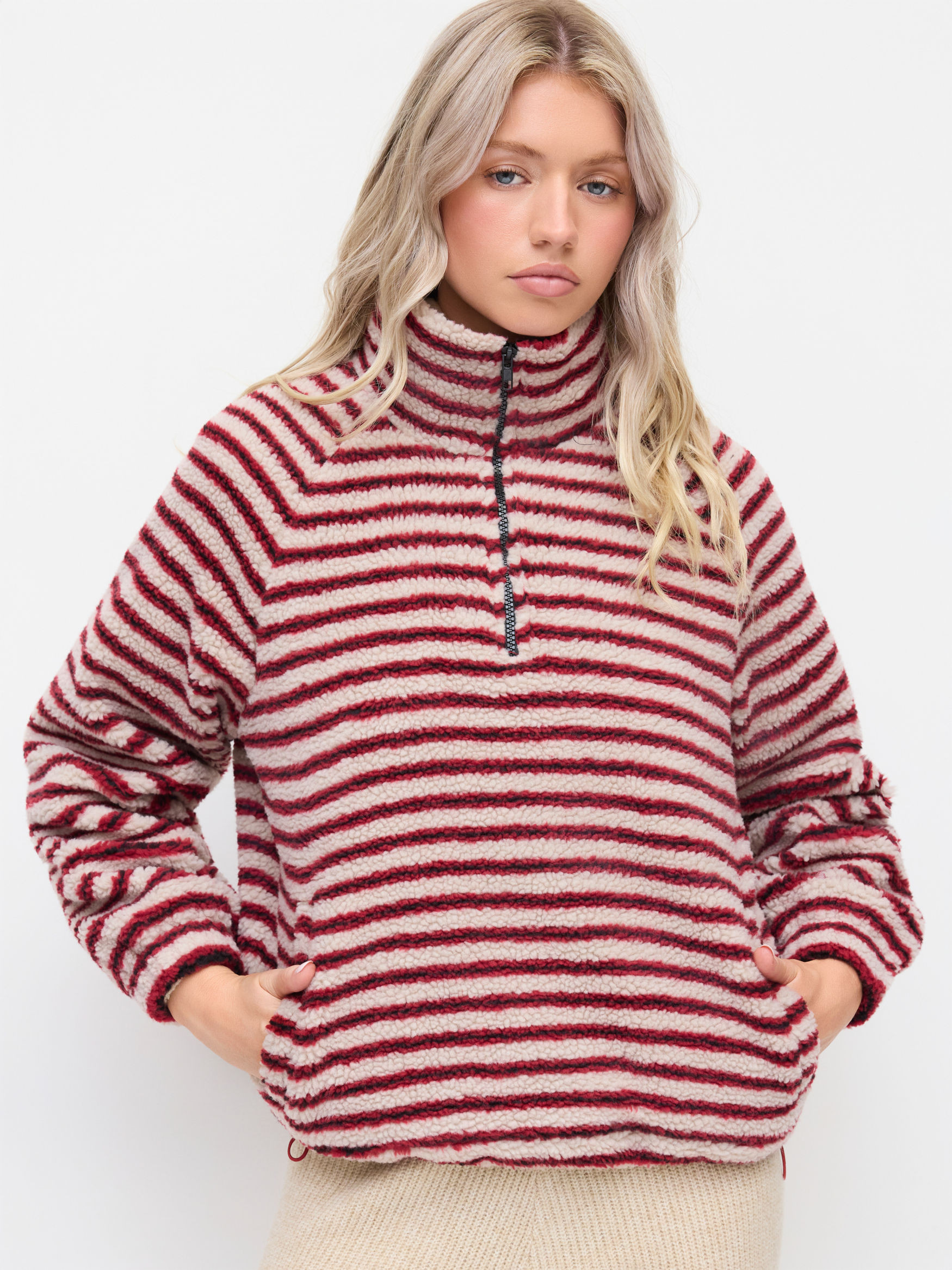 Fleece Fleece Stand Collar Long Sleeve Stripe Oversized Sweatshirt For Daily Casual | Cider