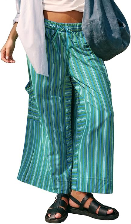EVALESS Women Palazzo Pants Summer Casual Wide Leg High Waist Lounge Flowy Beach Striped Trousers... | Amazon (US)