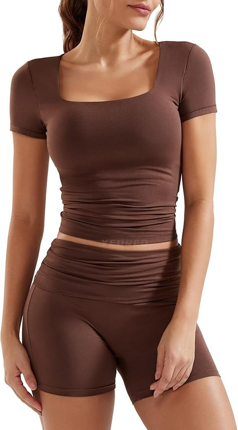 YEOREO Lounge Sets for Women 2 Piece Short Sleeve Square Neck Tops Casual Outfits Fold Over Short... | Amazon (US)