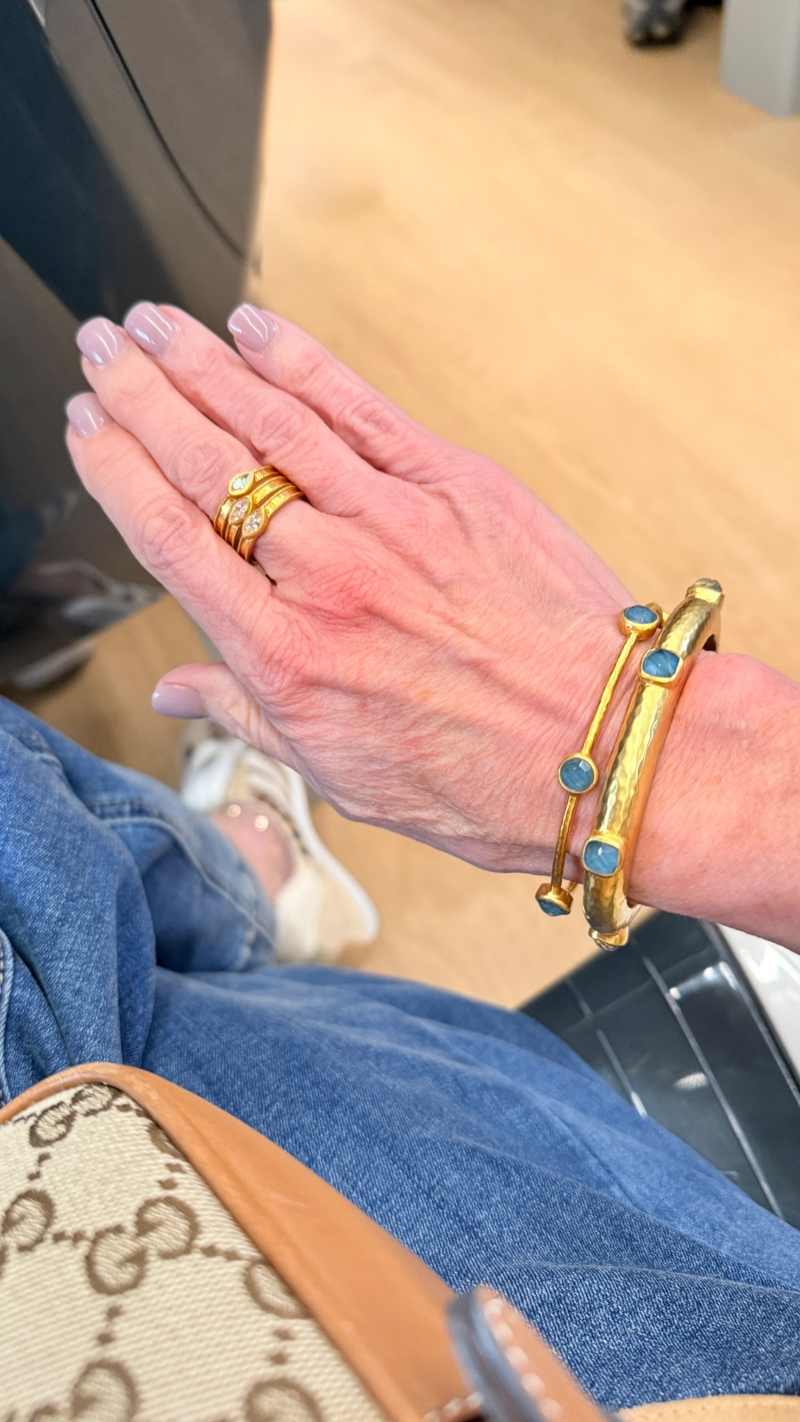 Jewelry of the day! Gold and blue stone bangles. They look great with denim jeans. My ring is sold out, so I linked others. Excellent pieces for gifting this holiday season!!

#LTKStyleTip #LTKGiftGuide #LTKootd