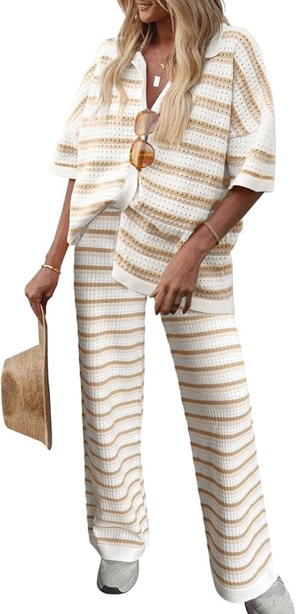 Tankaneo Womens Short Sleeve Striped Pajama Sets Color Block Crochet Knit Button Top Pants 2 Piec... | Amazon (US)