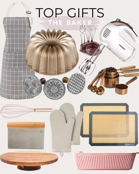 Top gifts for the baker include gold bunt pan, apron, hand mixer, gold measuring cups, cookie stamps, whisk, Silicone, Non-Stick, Food Safe Baking Mat, silicone oven mits, Dough Cutter, ceramic baking dish, and cake stand.

Gift guide, baking gifts, baking dish, baking gifts, kitchen gifts

#LTKhome #LTKunder100 #LTKGiftGuide