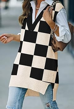 Viottiset Women's Oversized Sweater Vest V Neck Tunic Sleeveless Pullover Knit Top Checkered Black M | Amazon (US)
