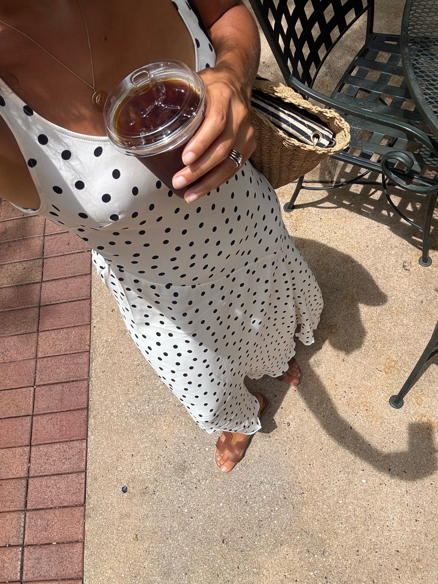 Summer outfit: polka dot dress with sandals and a straw bag

#LTKootd