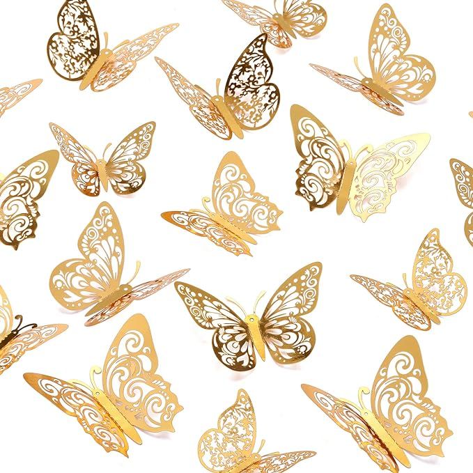 Crosize 72Pcs 3D Gold Butterfly Wall Decor 3 Sizes Butterfly Decorations Butterfly Party Cake Dec... | Amazon (US)