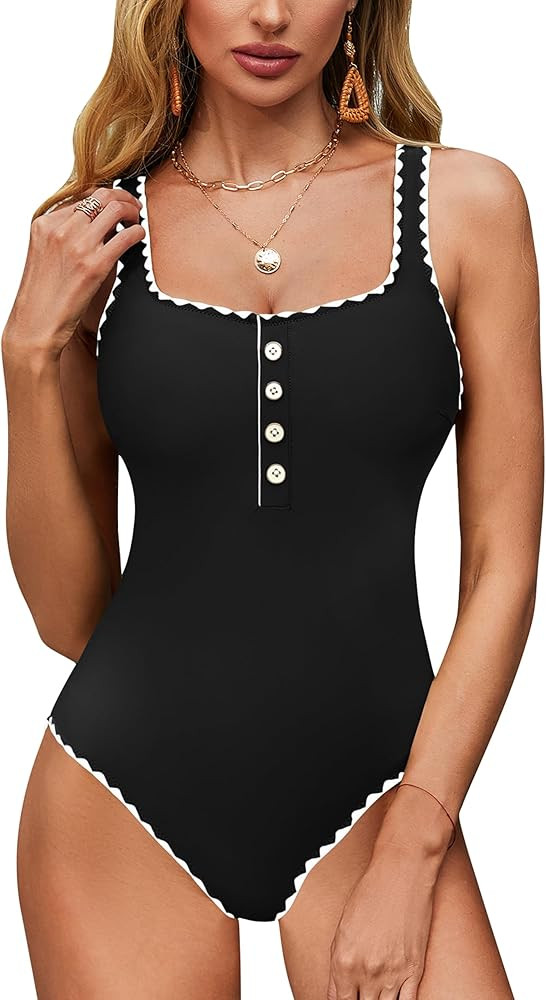 BMJL Women's One Piece Swimsuits Button Adjustable Strap Bathing Suit Color Block Retro Swimwear | Amazon (US)
