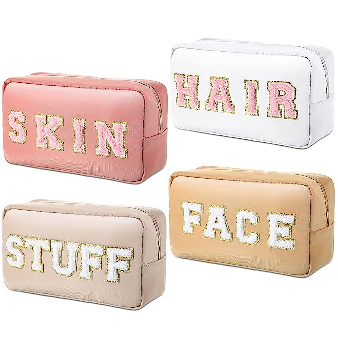 Amazon.com: 4 Pieces Nylon Cosmetic Bag Chenille Letter Cosmetic Pouch Zipper Preppy Makeup Bag W... | Amazon (US)