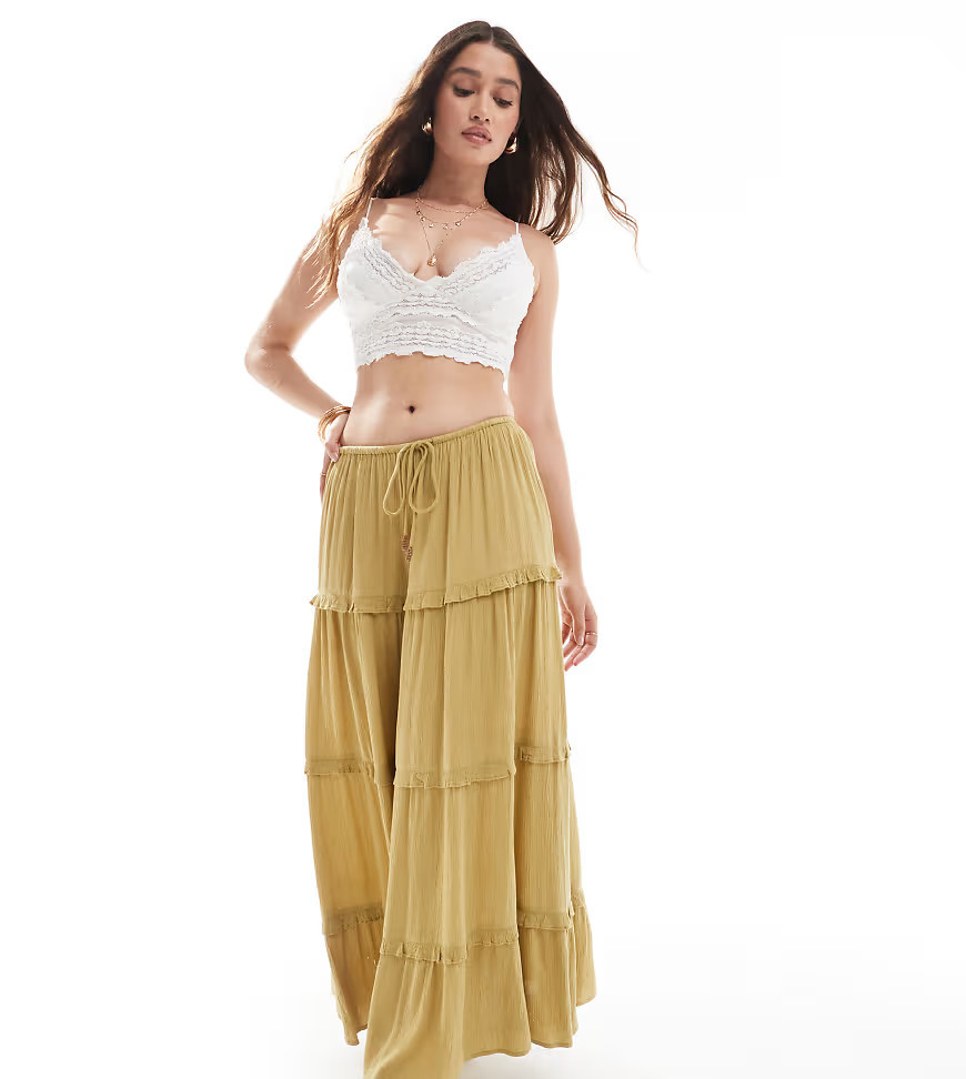 Miss Selfridge tiered maxi skirt in light khaki green-Multi | ASOS (Global)