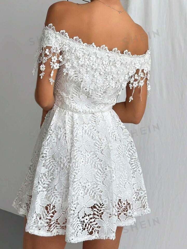 SHEIN Privé White Embroidered One Shoulder Short Sleeve Women's Wedding Season Dress | SHEIN