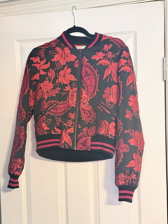 Alice + Olivia Black Bomber Jacket with Red Floral Embroidery | Poshmark