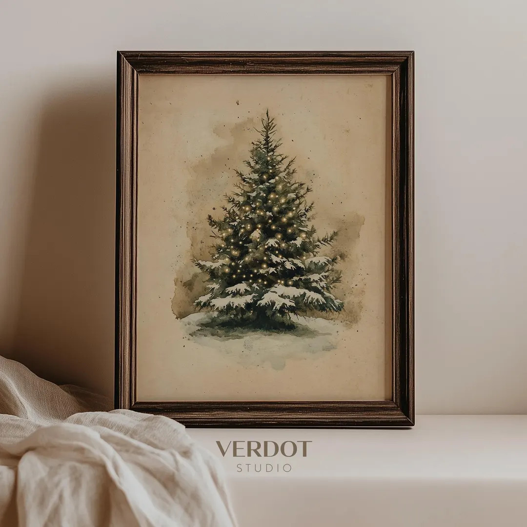 Vintage Christmas Tree Print, Christmas Decor Printable Wall Art, Moody Natural Antique Holiday W... | Etsy (US)