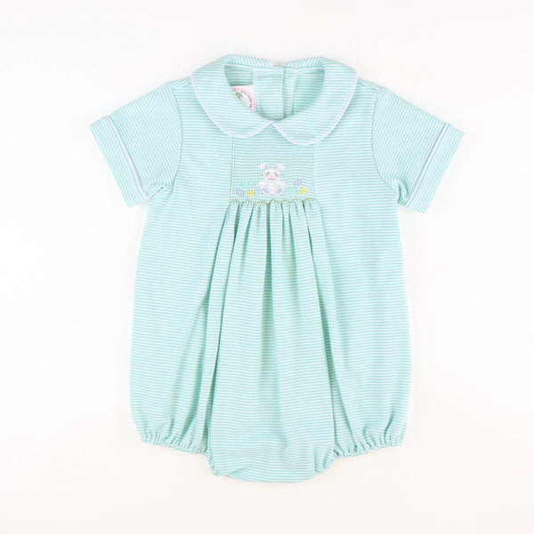 Smocked Easter Egg Hunt Collared Boy Bubble - Aqua Stripe Knit | Southern Smocked Co.