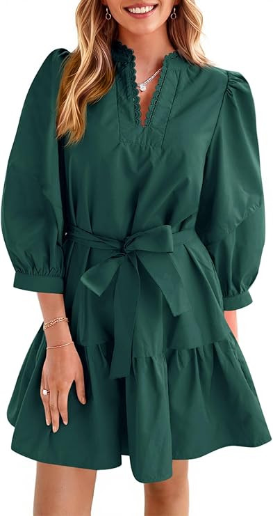 Cicy Bell Womens Puff 3/4 Sleeve Mini Dresses Bow Tie Waist V Neck Casual Trendy Ruffle Tiered Sh... | Amazon (US)