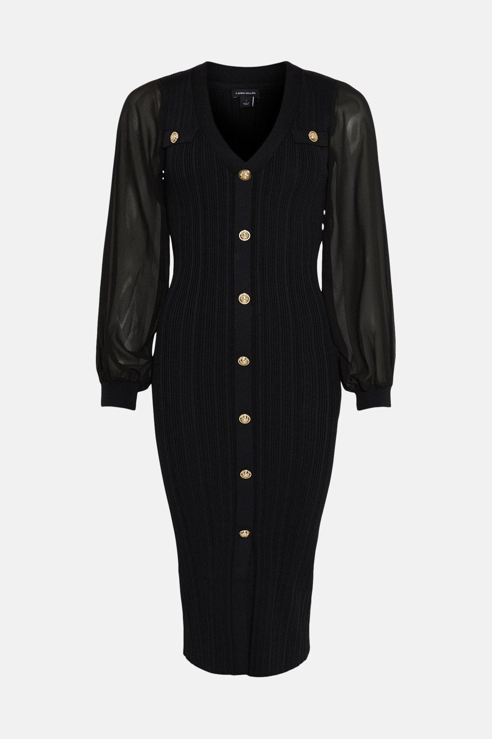 Military Knit Georgette Sleeve Midi Dress | Karen Millen US