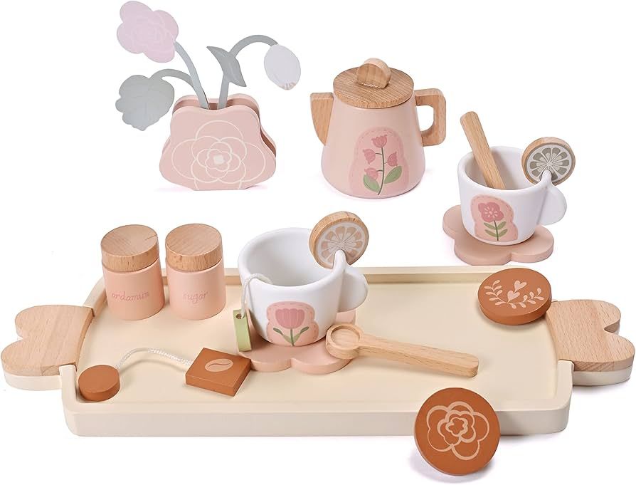 MONT PLEASANT Wooden Tea Set for Little Girls, Wooden Toys, Toddler Tea Set Toy, Play Kitchen Acc... | Amazon (US)