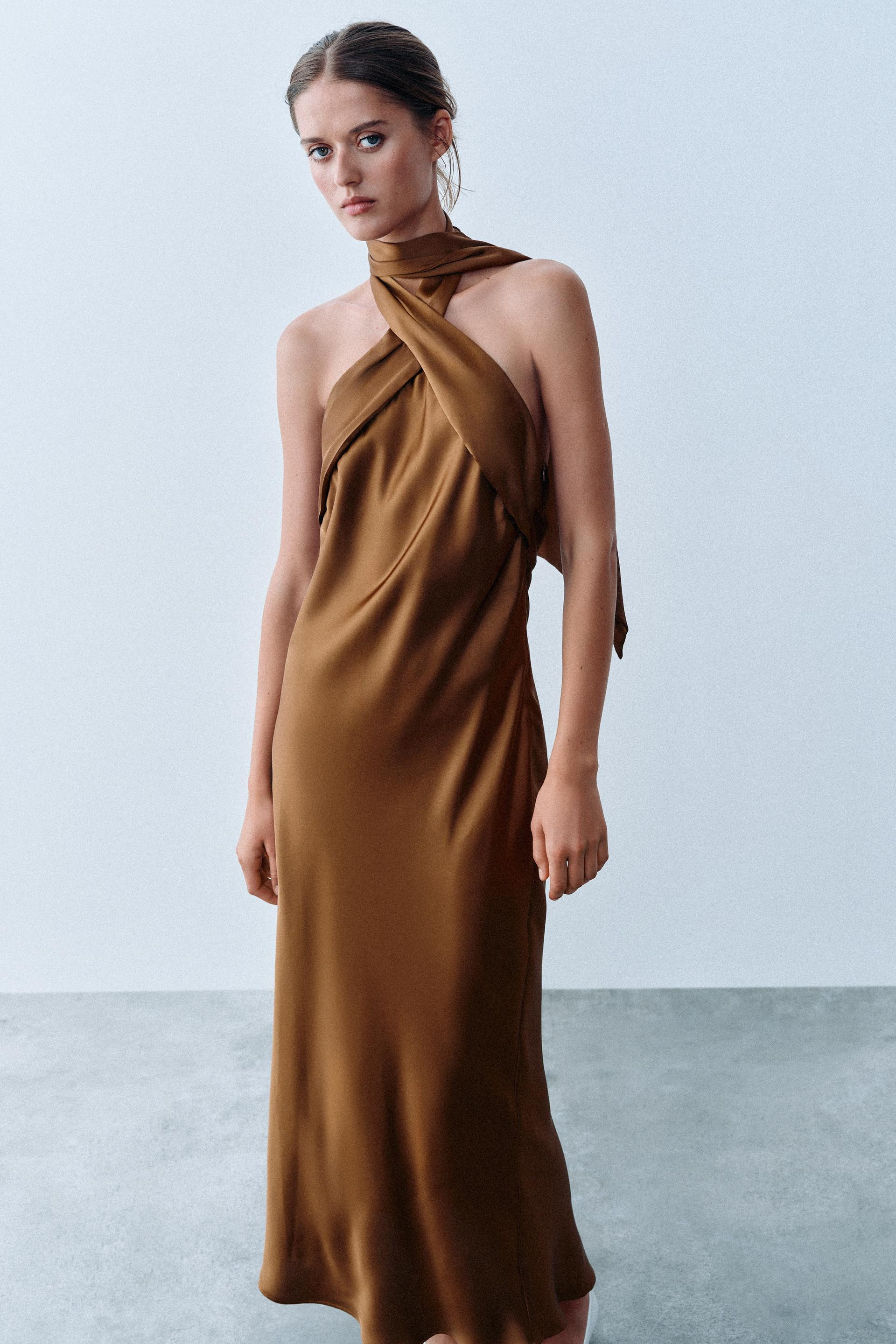 Zara - Satin Halter Midi Dress - Caramel - Xs - Woman | Zara US
