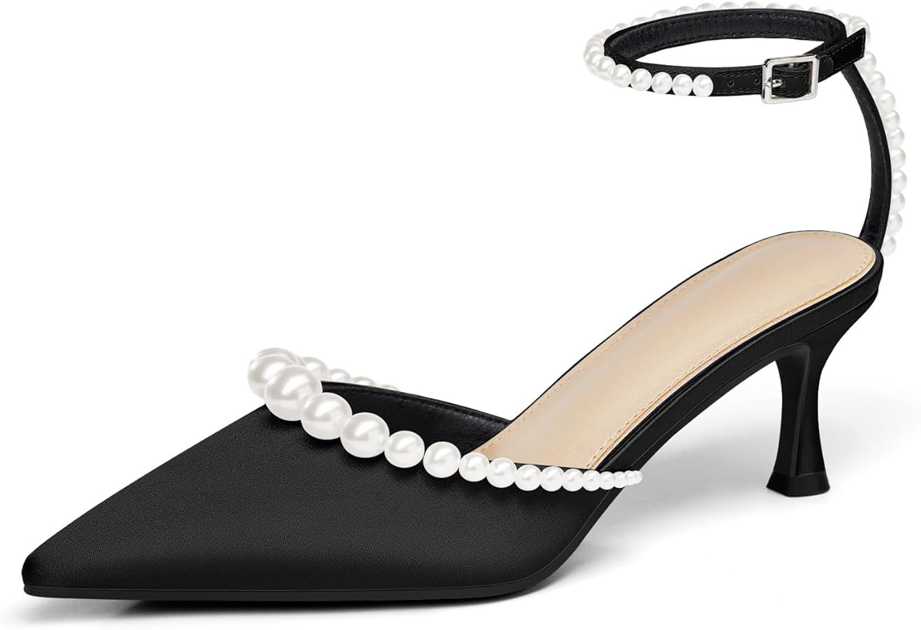 Coutgo Womens Pearl Kitten Heels Closed Pointed Toe Wedding Bride Dress Shoes Ankle Strap Satin P... | Amazon (US)
