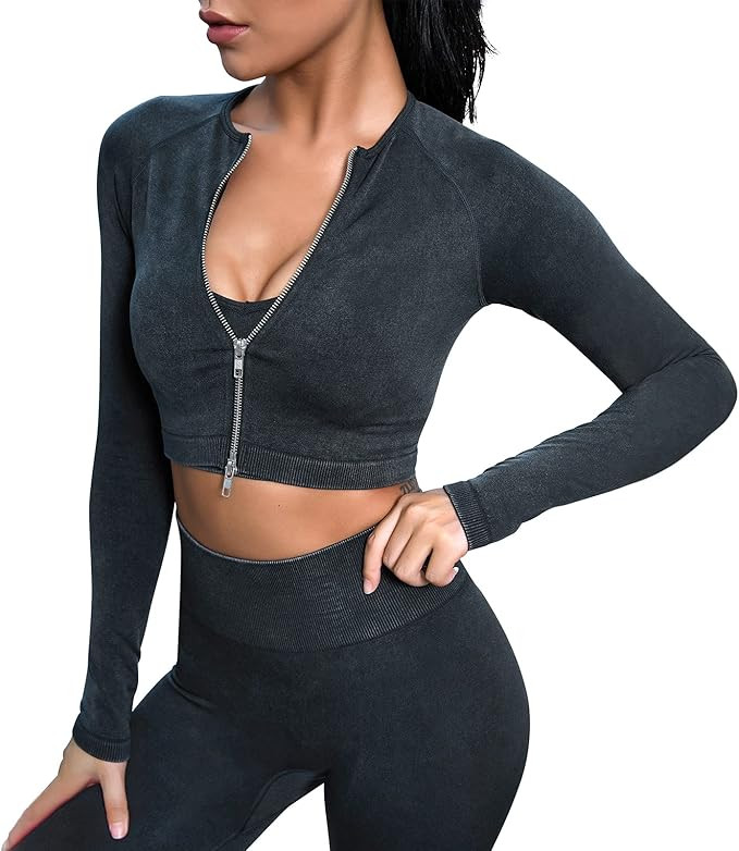 YUMSUN Womens Workout Outfit 2 Pieces Sets Acid Wash Seamless High Waist Leggings with Long Sleev... | Amazon (US)