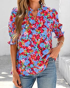 BTFBM Summer Blouses for Women Dressy Casual 2025 Spring Floral Boho Shirts V Neck Puff Short Sle... | Amazon (US)