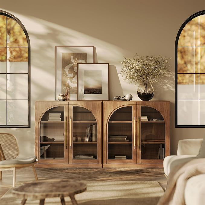 BELLEZE Set of 2 Modular Sideboard with Arched Glass Door, 65'' Accent Display Buffet Cabinet wit... | Amazon (US)
