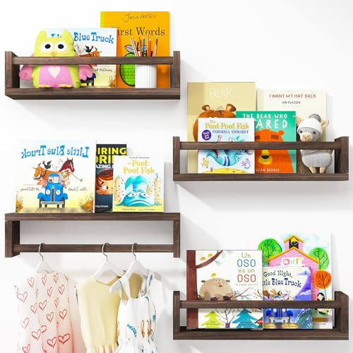 Fixwal Nursery Book Shelves, 16.5 Inch Floating Bookshelves for Nursery and Playroom Decor, Set of 4, Solid Wood Wall Mounted Shelves for Books and Toys Storage (Brown) | Amazon (US)