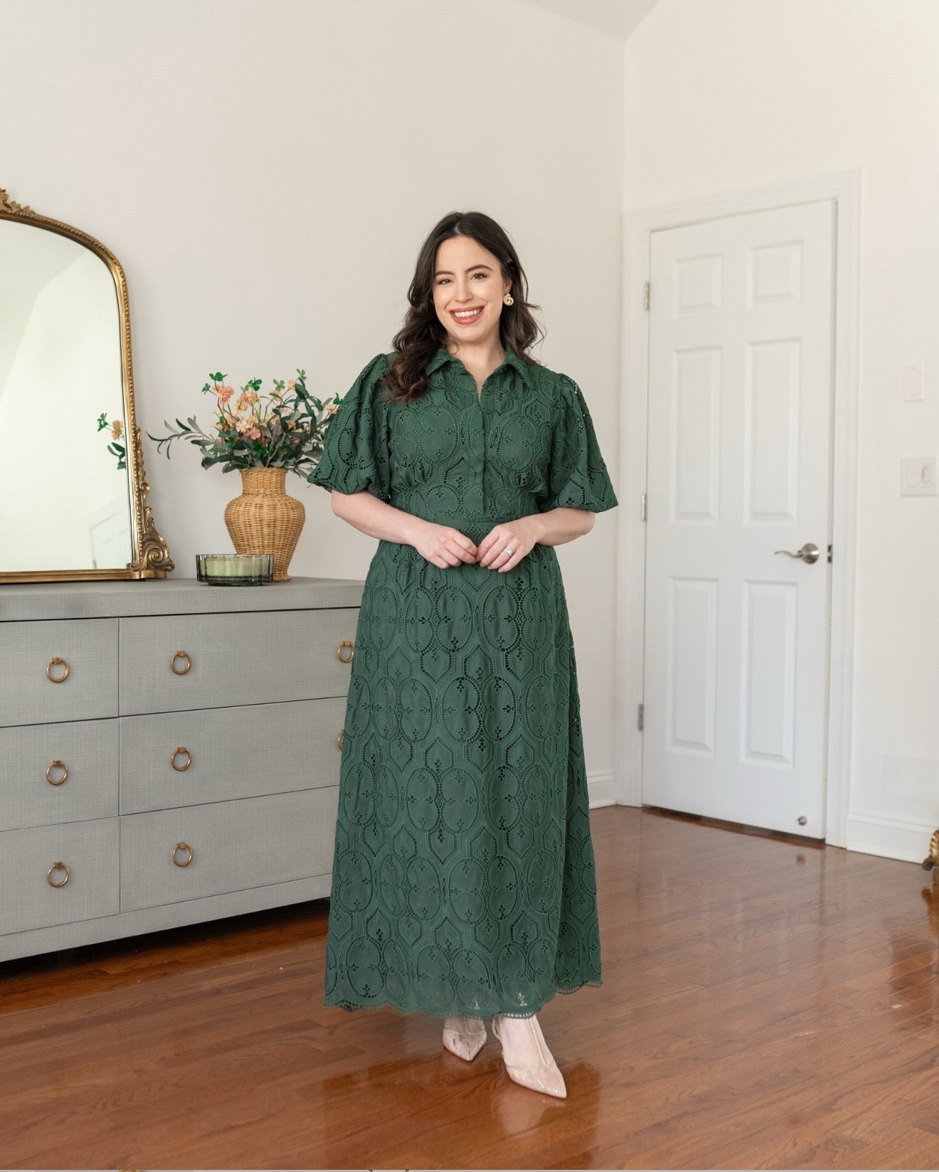 Eyelet dresses are gonna be trending this season! Here's me wearing this olive eyelet Delaney dress paired with mesh heels and raffia studs for a Sunday stroll.

church outfit, modest look, fashion inspo, spring style, formal wear, party dress, petite fashion, how to style

#LTKootd #LTKSeasonal #LTKU