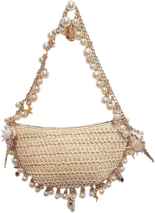 Straw Clutch Purse for Women Pearl Conch Straw Shoulder Purse Woven Evening Bag for Summer Beach ... | Amazon (US)