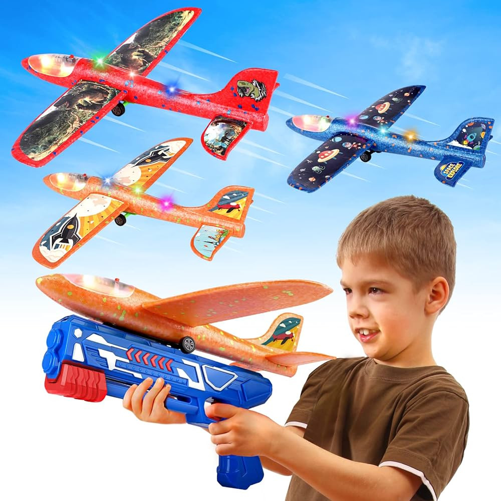 3 Pack Foam Airplane Launcher Toy with 3 DIY Stickers, 12.6" Glider Led Plane, Catapult Plane Boy... | Amazon (US)