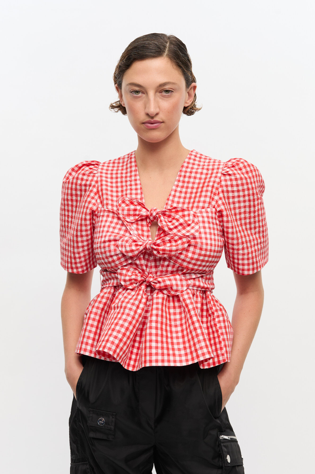 Red Crinkled Check Taffeta Blouse | Ganni