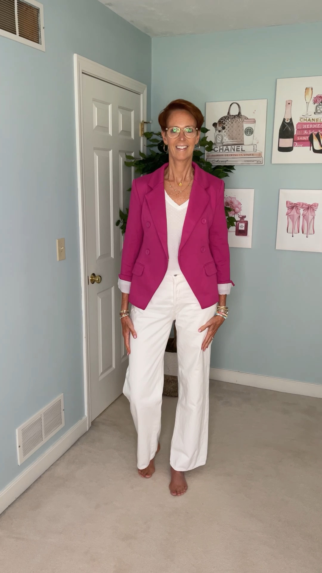 Gibsonlook makes an amazing knit blazer and this pink double breasted blazer is fantastic!

Follow along all week as I share some amazing pieces gifted to me by Gibsonlook.

Day One:

Three show-stopping outfits for timeless, classic, everyday style.

From the fun swiss dot texture in this white elevated v-neck tee shirt to the amazing bright pink knit blazer, and the black floral faux wrap bodysuit that passes as a blouse - these looks are everything!

White tee shirt, white v-neck tee shirt, white jeans, pink blazer, knit blazer, black floral bodysuit, faux wrap bodysuit, tie neck bodysuit, spring outfit, summer outfit

#LTKstyletip #LTKFind #LTKunder100