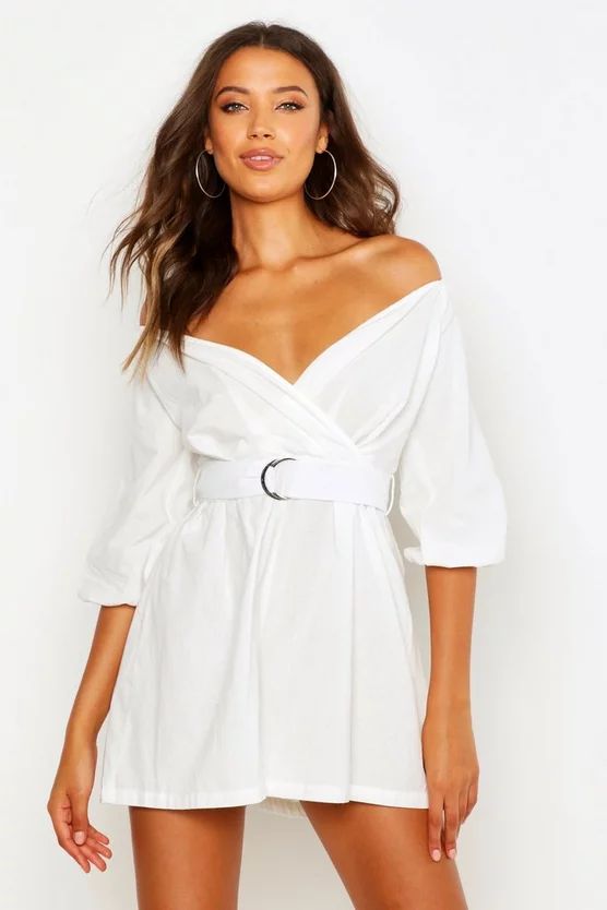 Tall Linen Mix Off The Shoulder Belted Wrap Romper | Boohoo.com (US & CA)