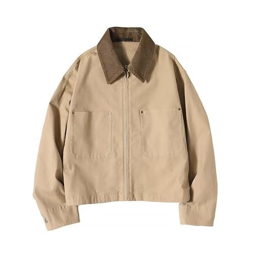 Zoziiee Womens Cropped Bomber Jacket Corduroy Collar Barn Coat Lightweight Utility Zip Up Cotton Canvas Workwear(Dark beige,L) | Amazon (US)