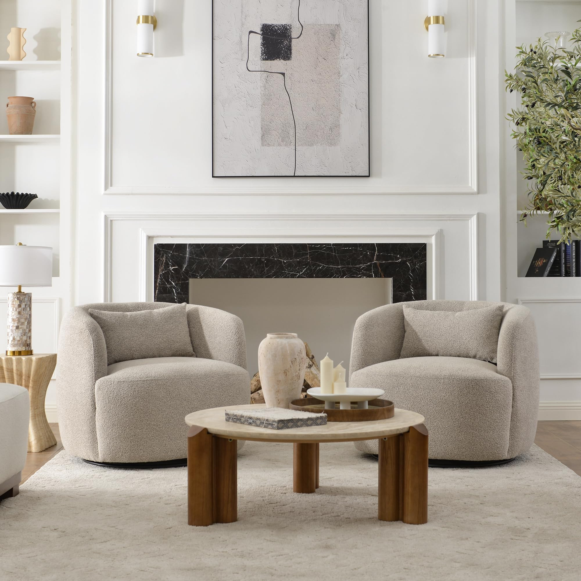 KINWELL 34" Wide Boucle Swivel Barrel Chairs Set of 2, No Assembly Round Upholstered Armchairs Ac... | Amazon (US)