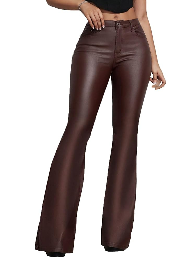 Women's Faux Leather Coated Flare Pants Mid Waist PU Skinny Black Leggings Bell Bottom Pants with... | Amazon (US)