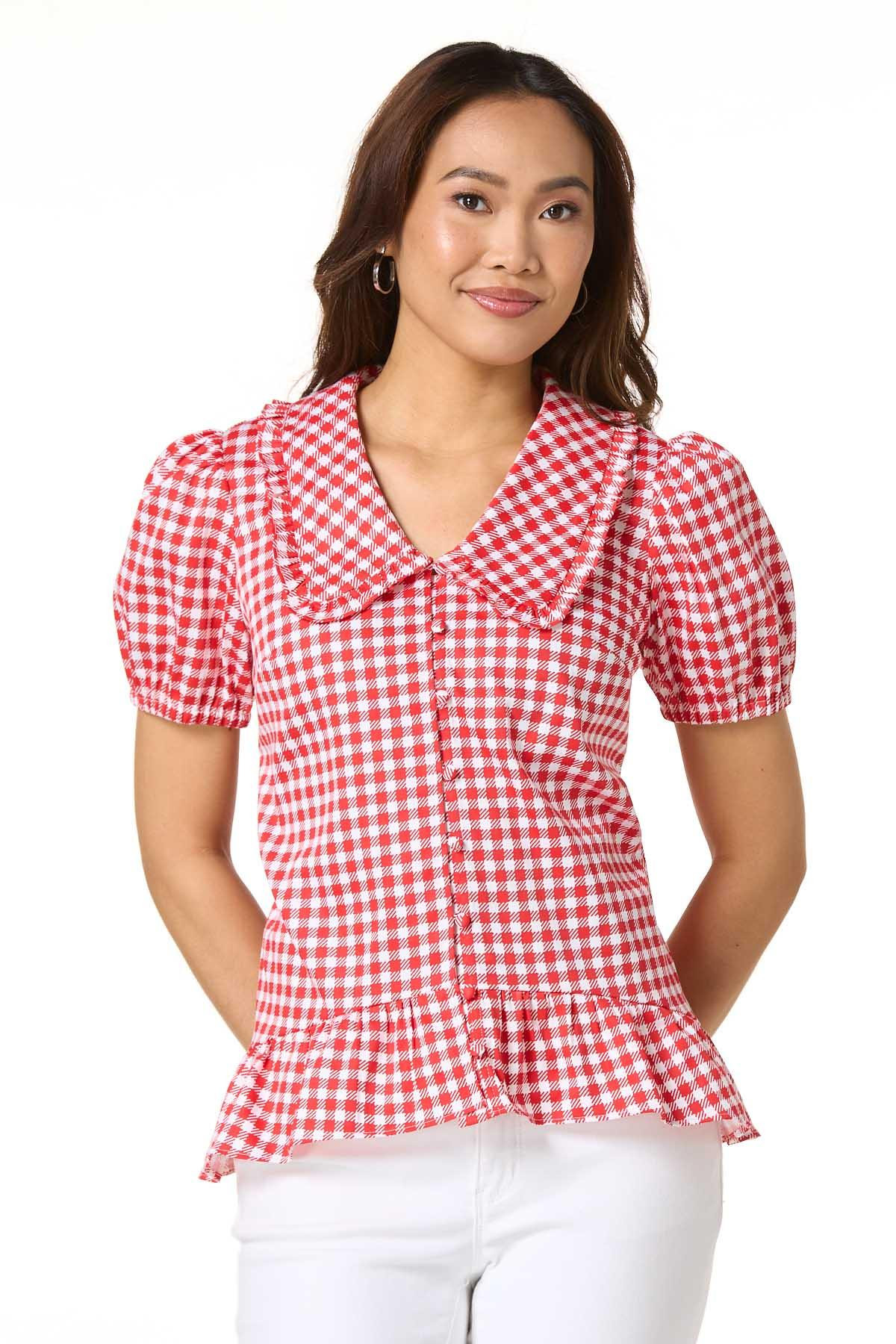 Red Gingham Collared Top | Cato Fashions