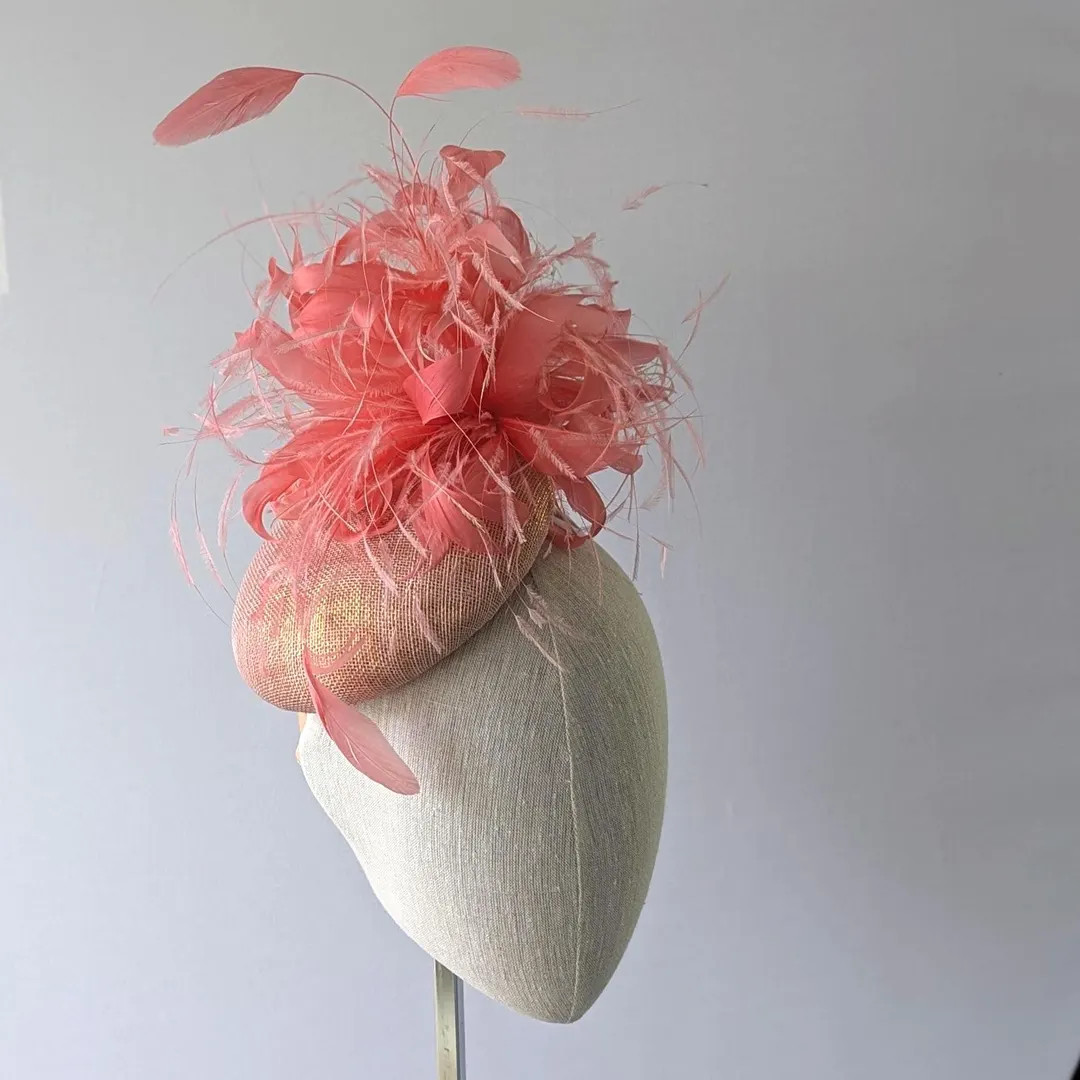 Womens Coral Derby Hat. Dramatic Peach and Gold Straw and Feather Fascinator. Kentucky Derby Cora... | Etsy (US)