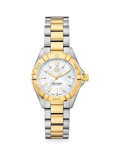 Aquaracer Lady Stainless Steel, Yellow Goldplated & Mother-of-Pearl Quartz Bracelet Watch | Saks Fifth Avenue
