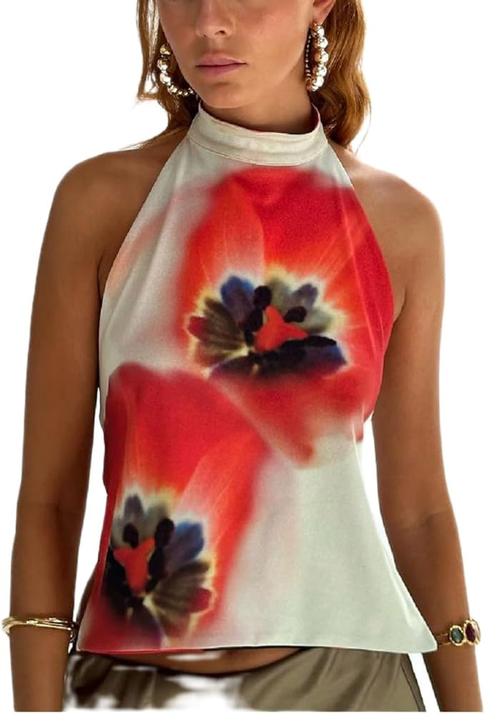 Women Floral High Neck Halter Tops Sleeveless Mock Neck Open Back Tank Top Vintage Backless Going... | Amazon (US)