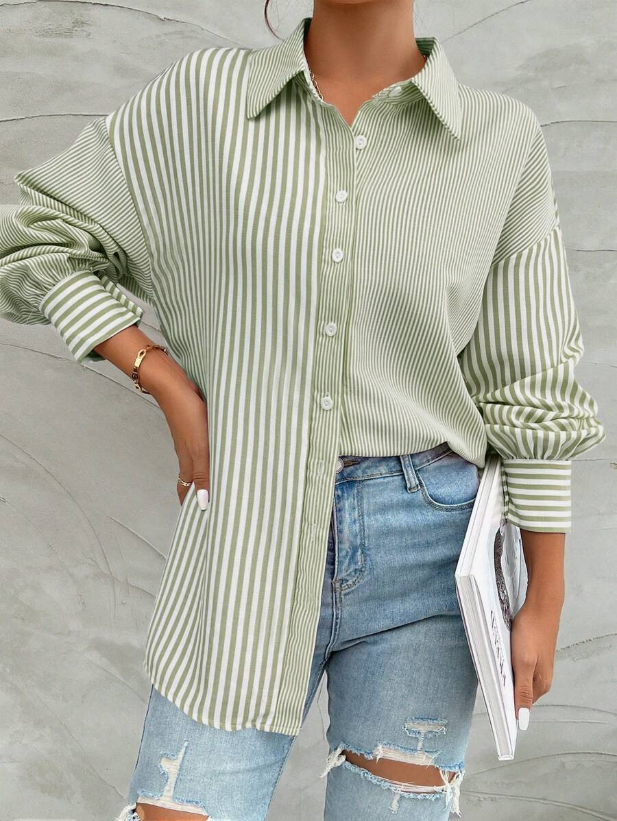 SHEIN Women Striped Print Button Front Casual Long Sleeve Shirt Fall Cloth For Women | SHEIN