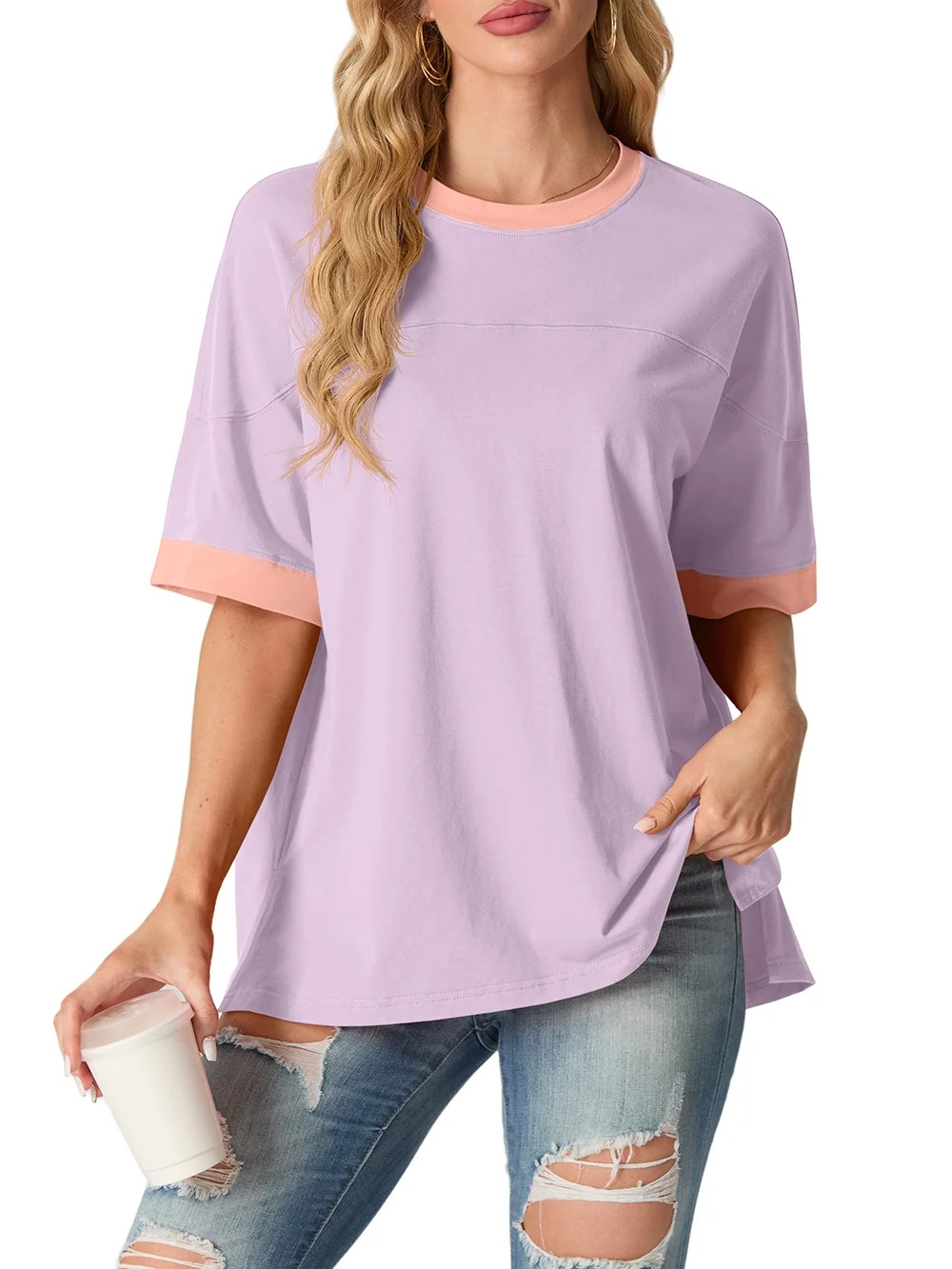 Women's Top Short Sleeved T-Shirt Round Neck Casual Blouses Patchwork Split Hem Tee Top Light Pur... | Walmart (US)