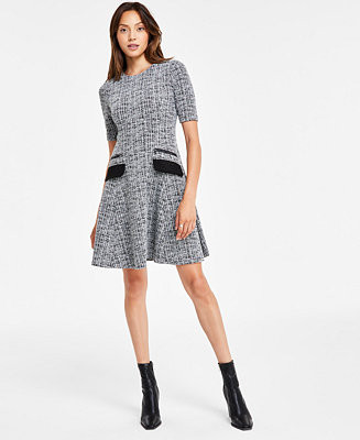 Short Sleeve Zipper Flap-Pocket A-line Tweed Dress | Macy's