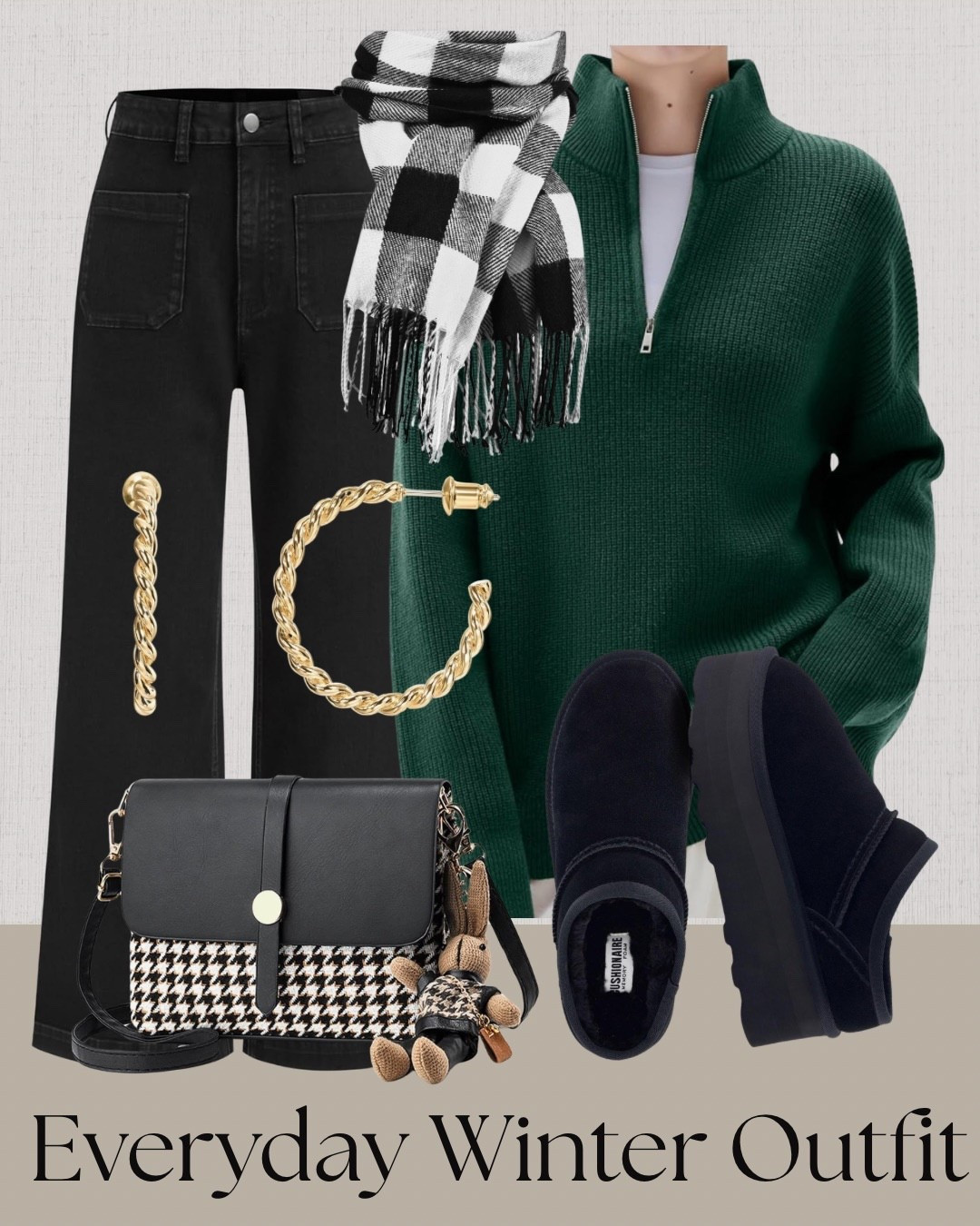 Everyday winter outfit with green sweater and black jeans. Cozy green half zip sweater styled with black straight leg jeans, black platform slip-on shoes, a black and white scarf, gold hoop earrings, and a small crossbody bag for an easy cold weather look.

#LTKStyle #LTKWinter #LTKEveryday #LTKOutfit #LTKFinds

#LTKootd