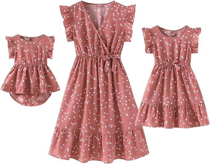 Focamia Pink V Neck Ruffle Short-Sleeve Splicing Butterfly and Floral Print Dress for Mommy and M... | Amazon (US)