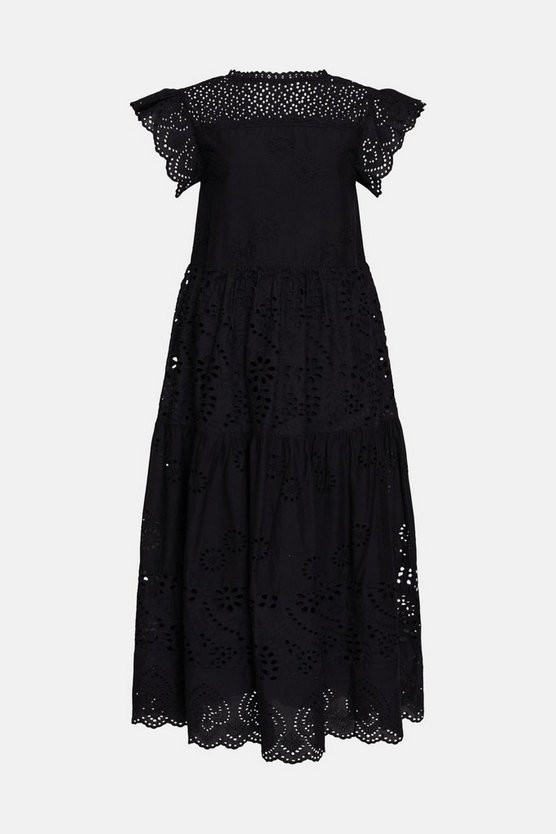 Broderie Mix Tiered Midi Dress | Warehouse UK & IE