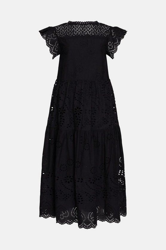 Broderie Mix Tiered Midi Dress | Warehouse UK & IE