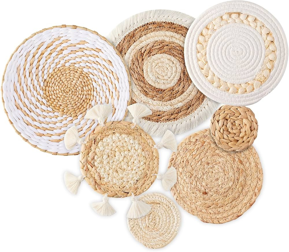 7 Pack Boho Wall Basket Decor - Seagrass Rattan Wicker Wall Decor Round Handmade Hanging Rustic F... | Amazon (US)