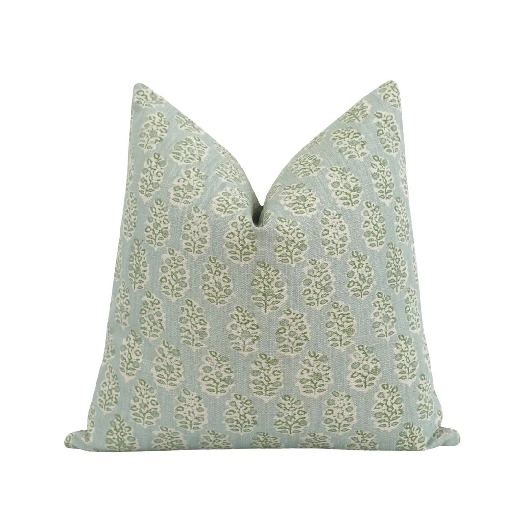 Muted Blue, Green and Natural Pillow Cover • Grandmillennial Leaf and Floral Print Throw Pillow... | Etsy (US)