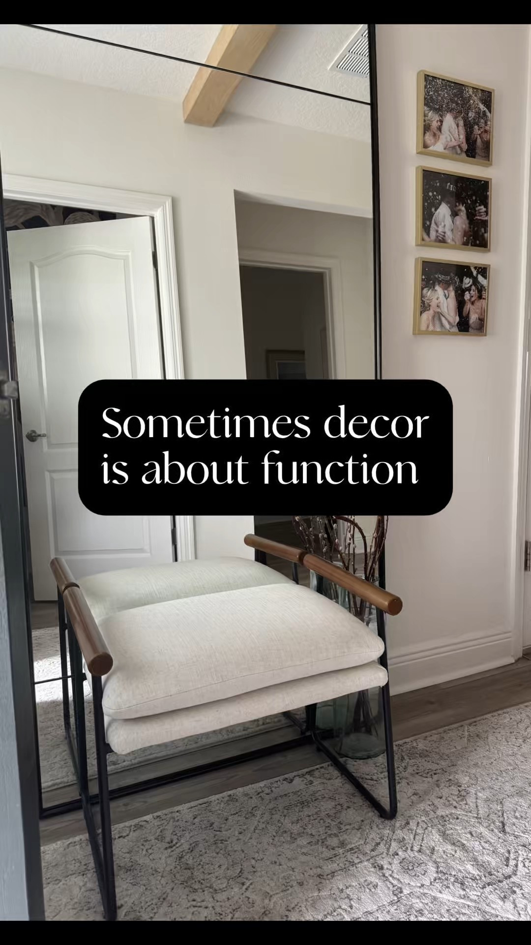 Max style in minimal space! Large mirrors make a space feel larger by reflecting light. Plus, you can grab a fit check before you leave 😉 I chose this small ottoman for our entryway because it fit perfect and serves a purpose. Proof that design isn’t always just about how it looks- this functions well for us and leaves this space open and bright! #homedecor #entryway 

#LTKHome