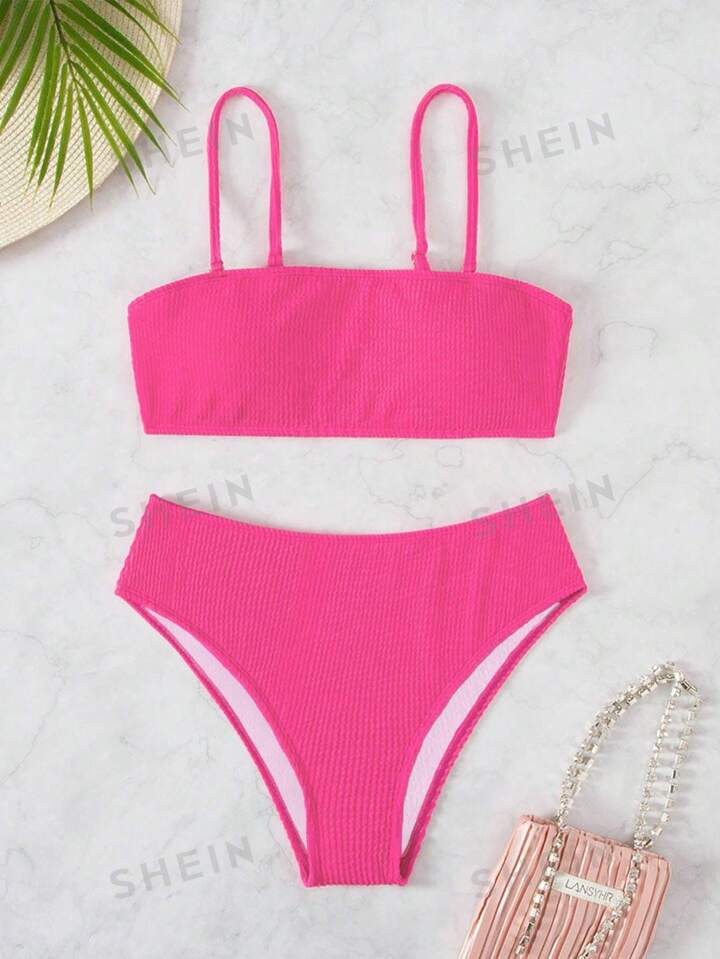 SHEIN Swim Basics Plain High Waisted Bikini Swimsuit | SHEIN